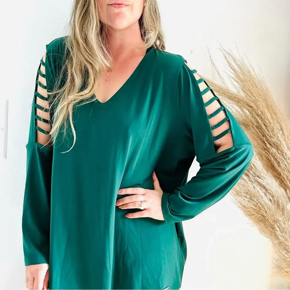 MICHAEL KORS Emerald Green Square Cutout Long Sleeve Tunic Blouse Top Shirt 3X